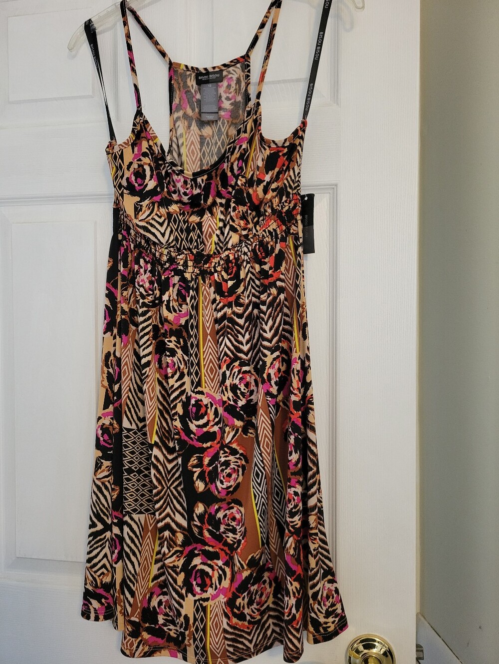 NWOT Bisou Bisou Black, Tan & Orange Printed Spaghetti-Strap Dress